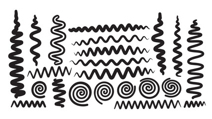 Collection of various black squiggle lines and spirals on transparent background silhouette
