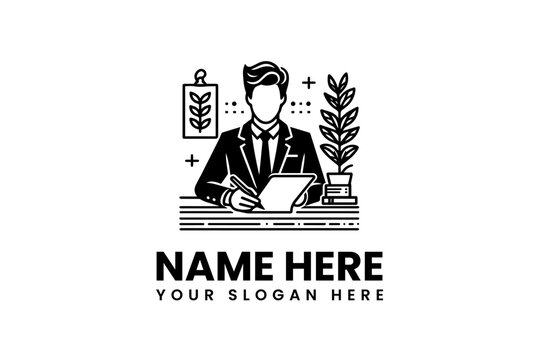 Business Logo Design Featuring a Person Writing at a Desk with Plants for Professional Branding