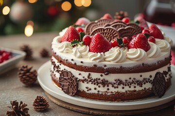 いちごとチョコのクリスマスケーキと冬のテーブルデコレーション