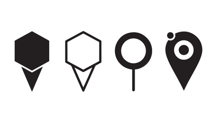 Four distinct map pin icons in black and white on transparent background silhouette