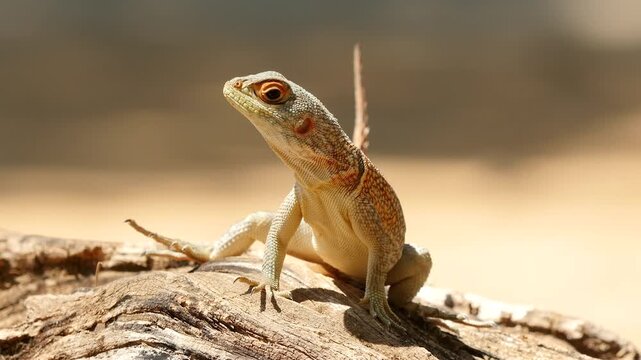 Madagascan collared iguanid looking around attentively, disappears, close 5b