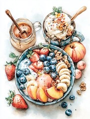 Colorful breakfast plate with pancakes, fruits, and coffee served in a cozy cafe setting