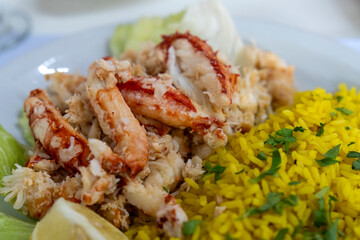 Patagonian crab served with rice at a restaurant in Ushuaia, Argentina.