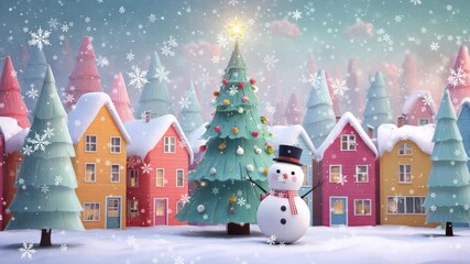 Christmas tree decorated with colorful baubles next to a cheerful snowman in a charming snowy village scene with gentle falling snowflakes - Powered by Adobe