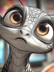 Intriguing close-up of a stylized creature with expressive eyes and detailed texture in a vibrant setting