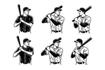 Fototapeta premium Multiple baseball players in batting stance holding bats in a stylized illustration.