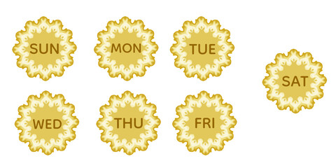 A minimalist and elegant floral-themed design featuring the days of the week — MON, TUE, WED, THU, FRI, SAT, SUN — displayed on delicate golden flower-shaped badges. 