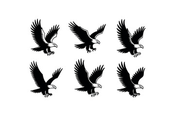 Obraz premium Six black silhouettes of eagles in flight are arranged in two rows.
