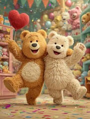Three cheerful teddy bears celebrate with balloons and confetti in a joyful party scene