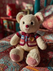 Cute teddy bear on a colorful bedspread in a cozy bedroom during afternoon light