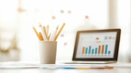 A workspace with a laptop displaying graphs, a pencil holder filled with pencils, and colorful charts in the background.