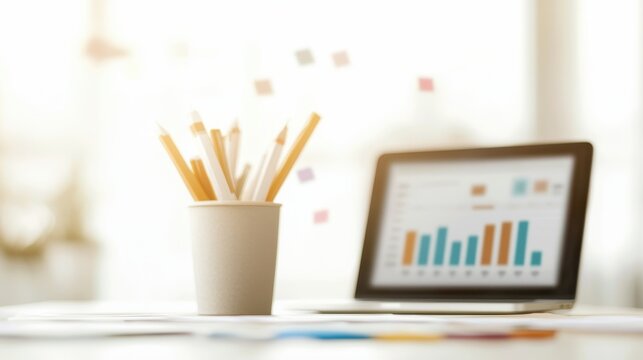 A workspace with a laptop displaying graphs, a pencil holder filled with pencils, and colorful charts in the background.