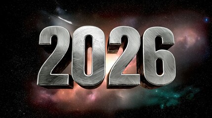 Year 2026 represented with a metallic texture against a cosmic background showcasing stars and nebulae