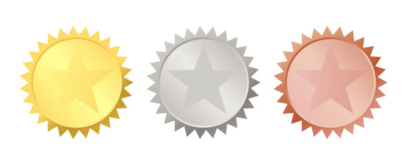 Gold, silver, and bronze award medals with a star. Vector illustration of tokens for designing certificates, quality marks, and guarantees