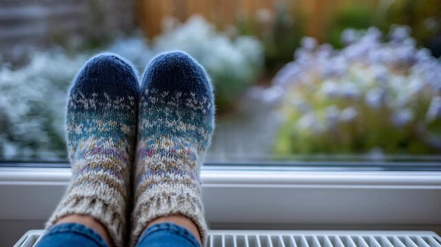 82Pair of cozy feet in wool socks propped on radiator, blurred background of frosted window and snowy garden, warm tones enhancing indoor comfort