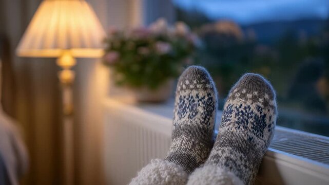 81Close-up of feet in thick patterned wool socks resting on a white radiator, soft golden light from a lamp filling the room with warmth and calm