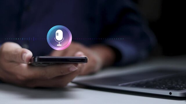 AI voice assistant and voice recognition on smartphone. Personal assistant, and voice controlled chatbot. Businessman with virtual icon.