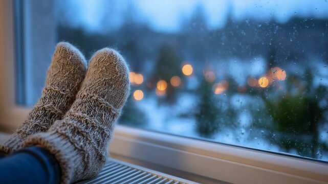 83Pair of cozy feet in wool socks propped on radiator, blurred background of frosted window and snowy garden, warm tones enhancing indoor comfort