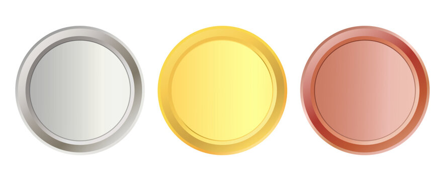 Gold, silver, and bronze award medals and tokens. Vector illustration of 3D tokens for designing certificates, quality seals, and guarantees.