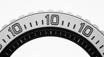 Detailed monochrome view of a timepiece bezel, featuring bold numbers and fine tick marks, emphasizing precision in timekeeping technology and design