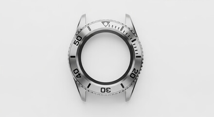 Detailed close-up of a watch bezel with a silver metal finish and black markings, isolated on a plain white background
