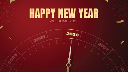 Happy New Year 2026 Countdown Banner with Red and Gold Background. Perfect for greeting cards, digital ads, and holiday promotions.