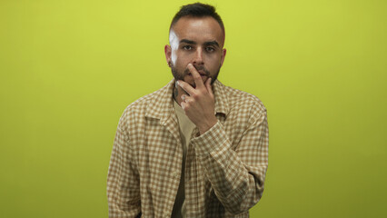 Fototapeta premium Man with beard and finger to lips for silence in lime green studio, facing camera with visible hand on mouth; thoughtful introspection.