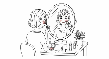 Woman Applying Makeup in Front of a Mirror.