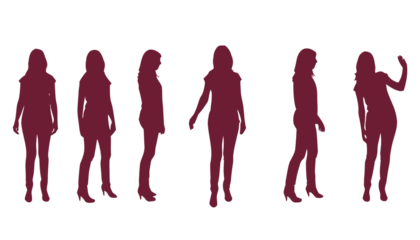 Silhouette of women standing in various poses, elegant maroon figures on white background. Ideal for fashion, design, or advertising concepts. High-quality vector female posture illustration.
