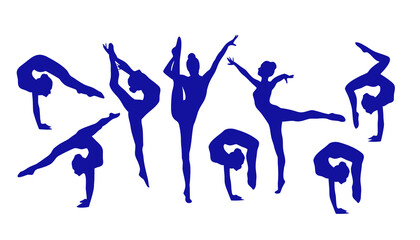 Silhouette of gymnasts performing rhythmic poses in blue, isolated on white background. Perfect for dance, fitness, or sports design projects. High-quality vector gymnastics illustration.