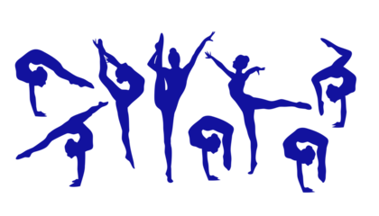 Silhouette of gymnasts performing rhythmic poses in blue, isolated on white background. Perfect for dance, fitness, or sports design projects. High-quality vector gymnastics illustration.