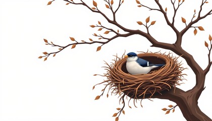 A tranquil scene of nature, featuring a bluebird resting inside a bird's nest located in a tree.