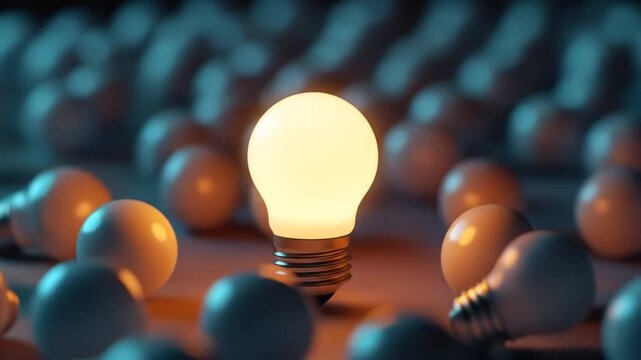 A single glowing bulb stands out amongst many dark, unlit bulbs