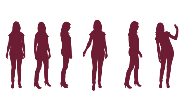 Silhouette of women standing in various poses, elegant maroon figures on white background. Ideal for fashion, design, or advertising concepts. High-quality vector female posture illustration.