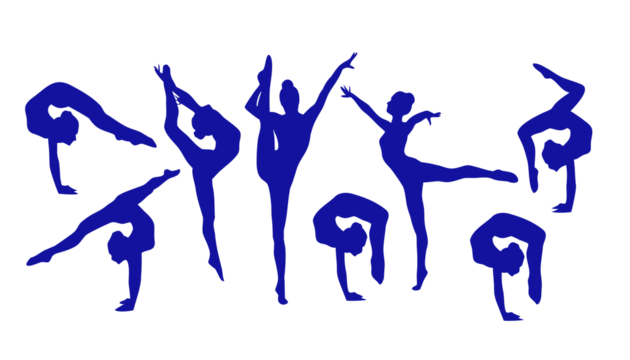 Silhouette of gymnasts performing rhythmic poses in blue, isolated on white background. Perfect for dance, fitness, or sports design projects. High-quality vector gymnastics illustration. - Powered by Adobe