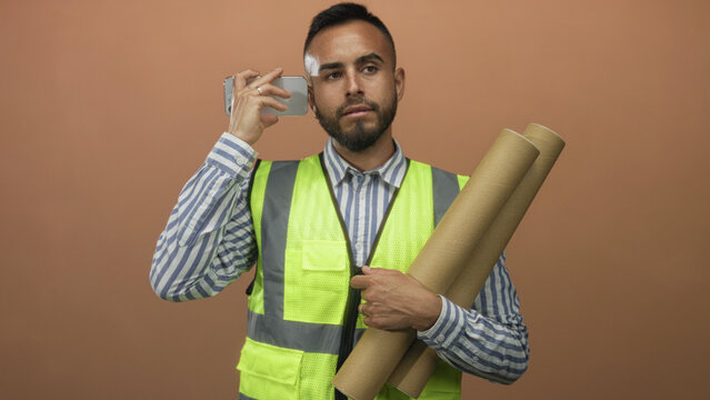 Man engineer wearing high visibility vest holding rolled blueprint tubes and smartphone to ear in peach studio; planning focus. - Powered by Adobe