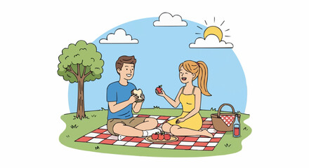 Couple enjoy picnic in park.