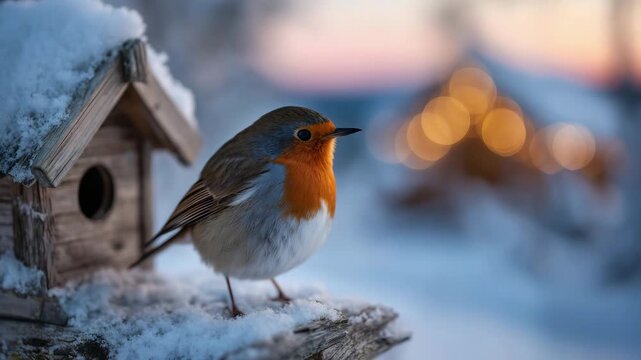 115Robin bird on wooden birdhouse surrounded by snow, warm light of winter sunset highlighting textures of wood and feathers, gentle blur in background with copy space