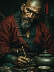 Skilled craftsman creates intricate art in traditional studio during evening hours