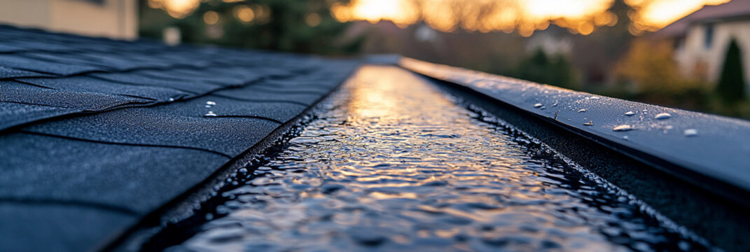 Close-up view of flat roof drain with flowing water Generative AI