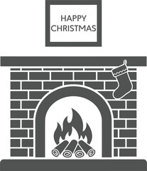 A detailed illustration of a Christmas fireplace with a stocking and a 'Happy Christmas' sign.