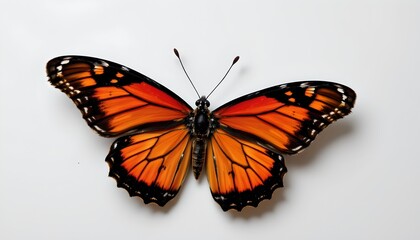 Obraz premium An orange bodied butterfly with black spots on its wings against a plain background.