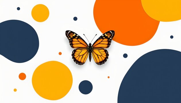 A vibrant butterfly with wings spread against a backdrop of circular patterns in various shades of orange, red, and blue, which could be interpreted as either a floral pattern or an abstract design