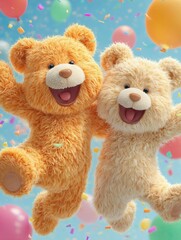 Two cheerful teddy bears celebrate a fun party amid colorful balloons and confetti