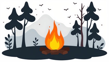 An illustrated outdoor camping scene at dusk, with a campfire surrounded by a tranquil forest of pine trees under a starry sky. A small mountain can be seen in the distance beyond the campsite.