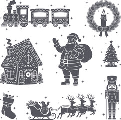 Classic Christmas Silhouettes Set, Santa Gingerbread House Train Wreath Reindeer Sleigh Nutcracker Tree Stocking Vector Holiday Elements

