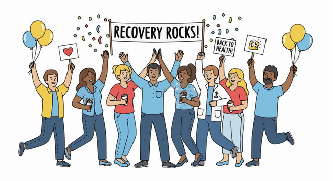 Illustration depicting individuals celebrating recovery