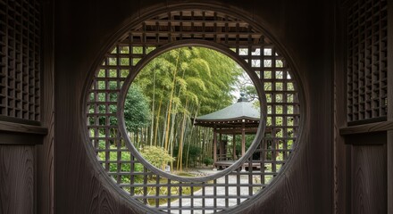 Tranquil japanese garden pavilion viewed through circular wooden lattice window