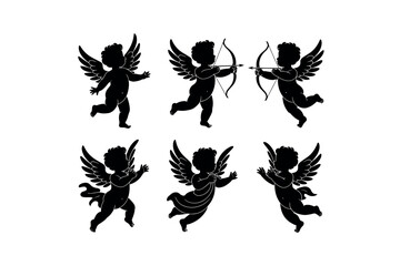 Obraz premium Silhouettes of cherubs with wings, bows, and arrows in various poses