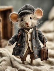 Charming mouse character dressed in vintage clothes with suitcase in a cozy setting